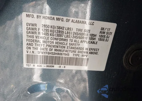 2017 Honda Pilot Ex-L from USA, damaged, VIN 5FNYF6H53HB067645